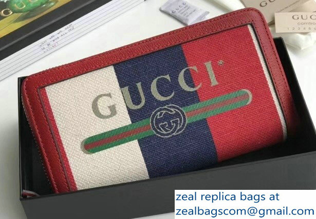 Gucci Sylvie Baiadera Striped Linen Canvas Vintage Logo Print Zip Around Wallet 524790