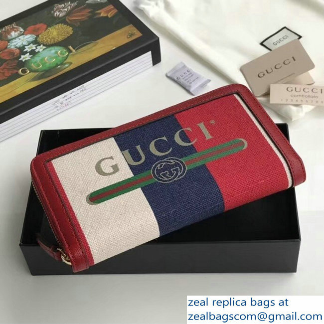 Gucci Sylvie Baiadera Striped Linen Canvas Vintage Logo Print Zip Around Wallet 524790