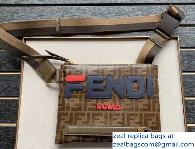 Fendi Glazed Fabric FF Mania Logo Slim Pouch Messenger Bag Brown 2018