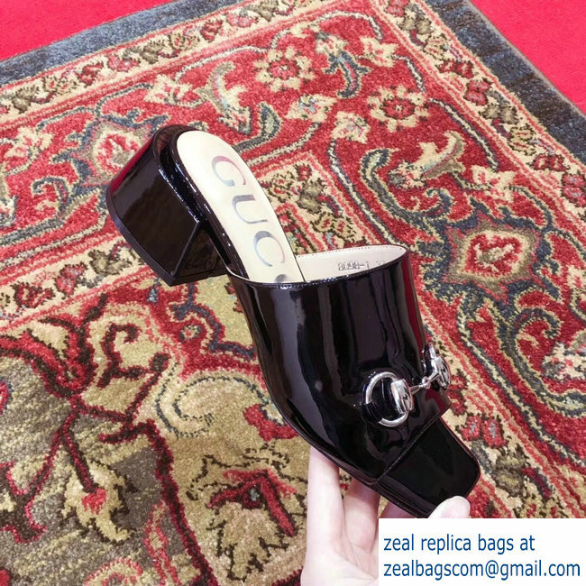 Gucci Patent Leather Horsebit 5cm Mid-Heel Slides 543188 Black 2019 - Click Image to Close
