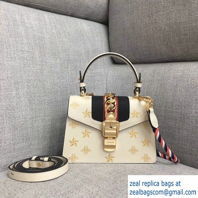 Gucci Sylvie Web Bee Star Mini Leather Bag 470270 White 2018