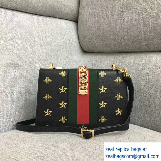 Gucci Sylvie Web Bee Star Small Shoulder Bag 524405 Black 2018