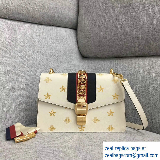 Gucci Sylvie Web Bee Star Small Shoulder Bag 524405 White 2018