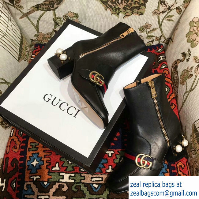 Gucci Web and Double G Leather Pearls Mid-heel Ankle Boots Black 2018