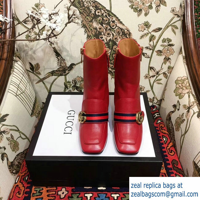 Gucci Web and Double G Leather Pearls Mid-heel Ankle Boots Red 2018