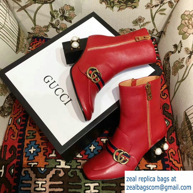 Gucci Web and Double G Leather Pearls Mid-heel Ankle Boots Red 2018