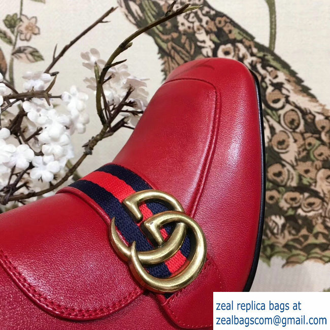 Gucci Web and Double G Leather Pearls Mid-heel Ankle Boots Red 2018