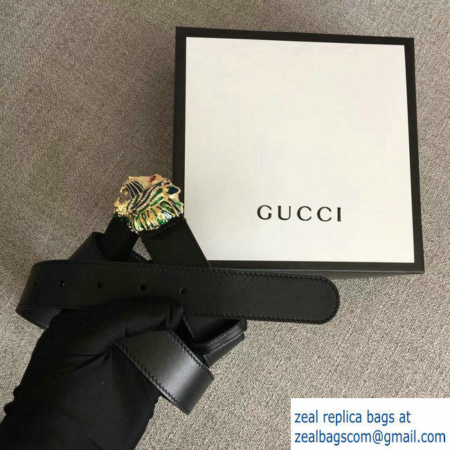 Gucci Width 3cm Leather Belt Black with Tiger Head 2018