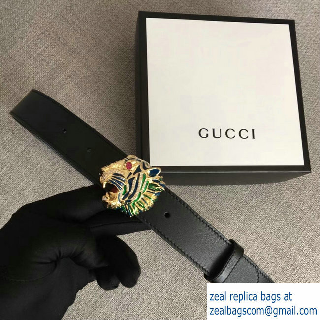 Gucci Width 3cm Leather Belt Black with Tiger Head 2018