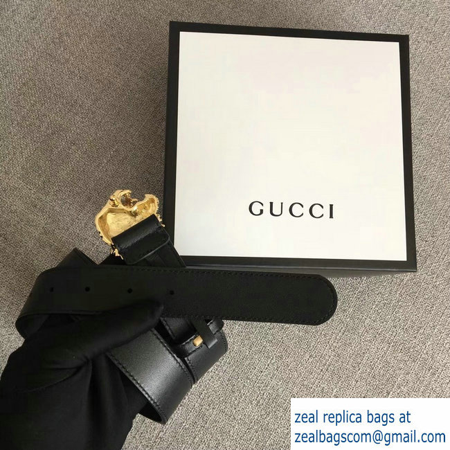 Gucci Width 3cm Leather Belt Black with Tiger Head 2018