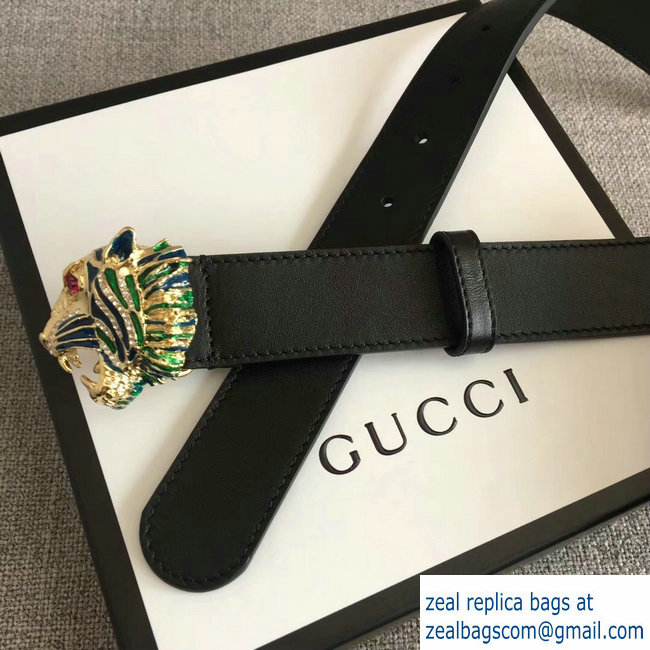 Gucci Width 3cm Leather Belt Black with Tiger Head 2018