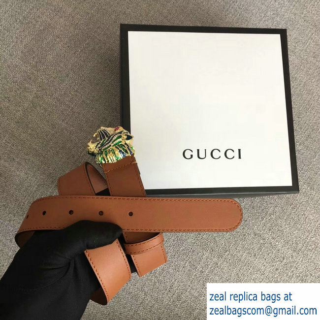 Gucci Width 3cm Leather Belt Brown with Tiger Head 2018