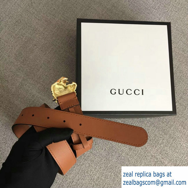 Gucci Width 3cm Leather Belt Brown with Tiger Head 2018