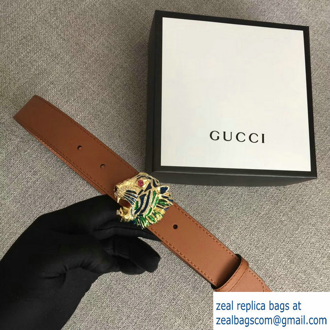 Gucci Width 3cm Leather Belt Brown with Tiger Head 2018