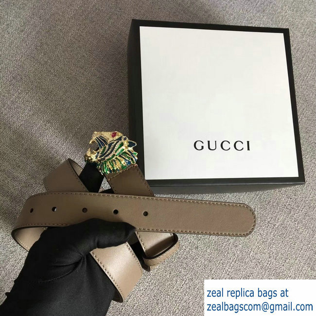 Gucci Width 3cm Leather Belt Camel with Tiger Head 2018