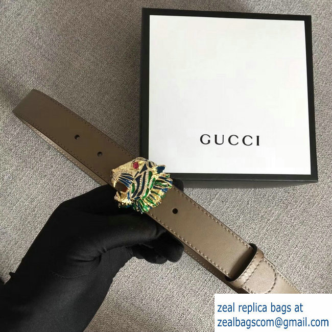 Gucci Width 3cm Leather Belt Camel with Tiger Head 2018