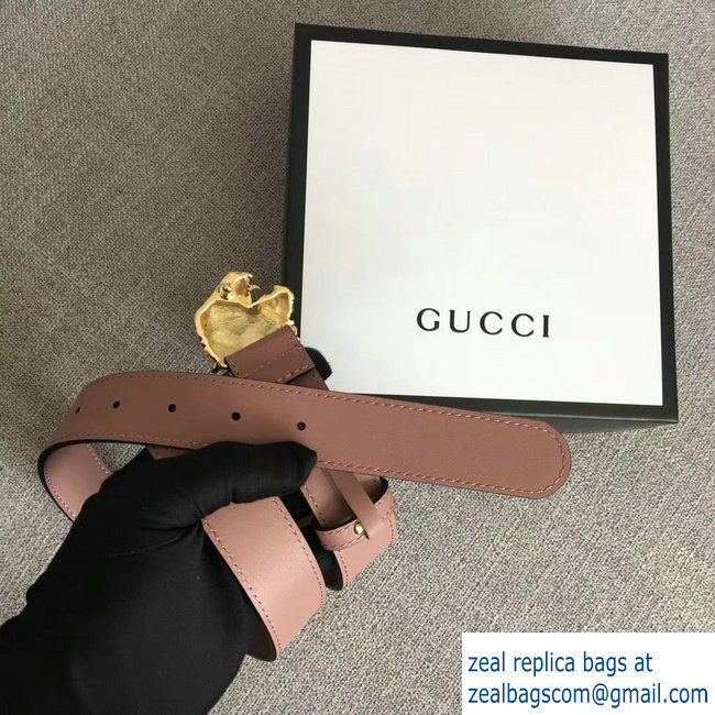 Gucci Width 3cm Leather Belt Nude Pink with Tiger Head 2018