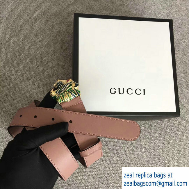 Gucci Width 3cm Leather Belt Nude Pink with Tiger Head 2018