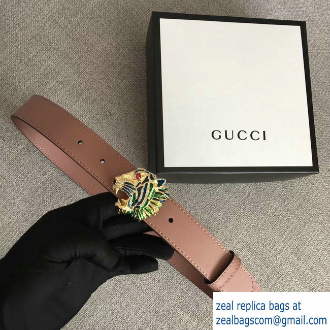 Gucci Width 3cm Leather Belt Nude Pink with Tiger Head 2018