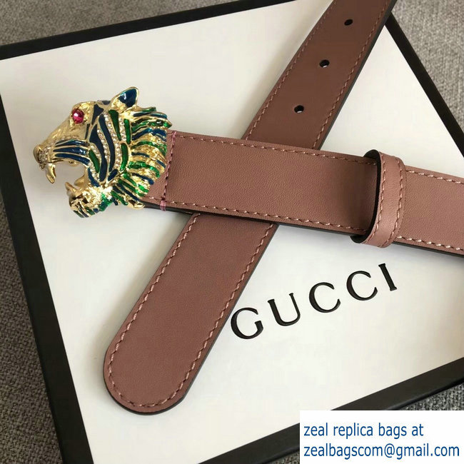 Gucci Width 3cm Leather Belt Nude Pink with Tiger Head 2018