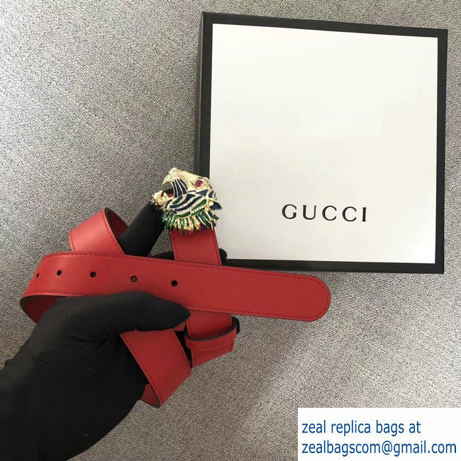 Gucci Width 3cm Leather Belt Red with Tiger Head 2018