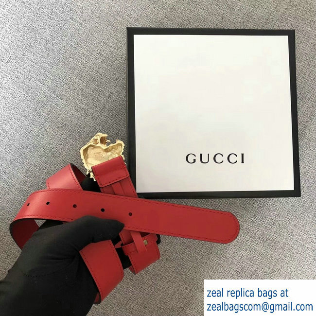 Gucci Width 3cm Leather Belt Red with Tiger Head 2018