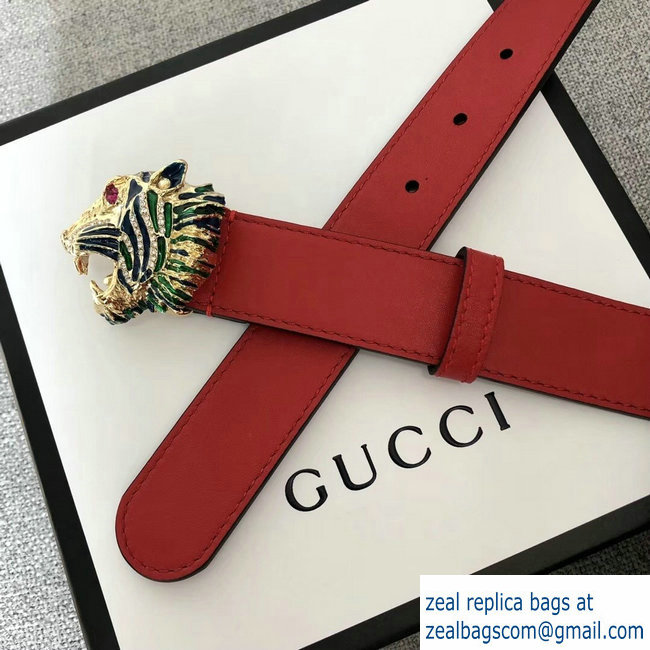 Gucci Width 3cm Leather Belt Red with Tiger Head 2018