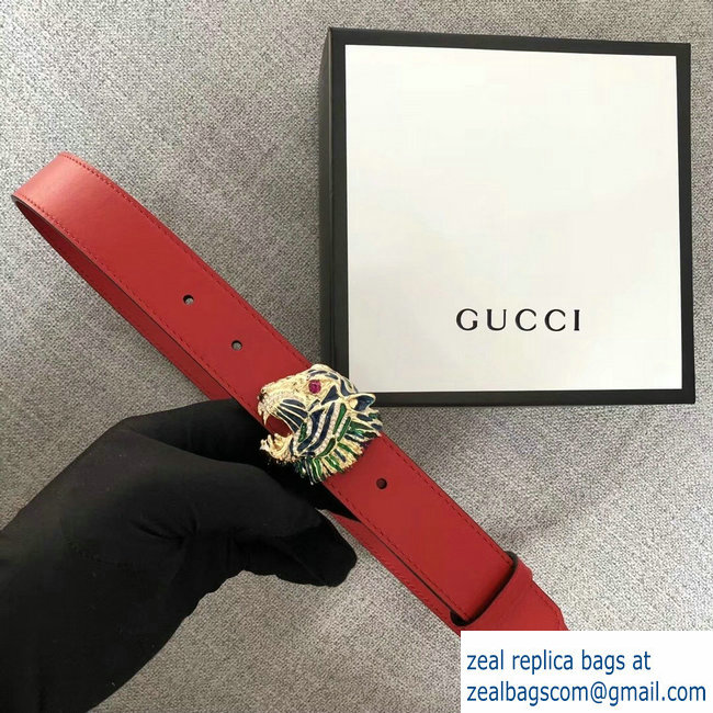 Gucci Width 3cm Leather Belt Red with Tiger Head 2018