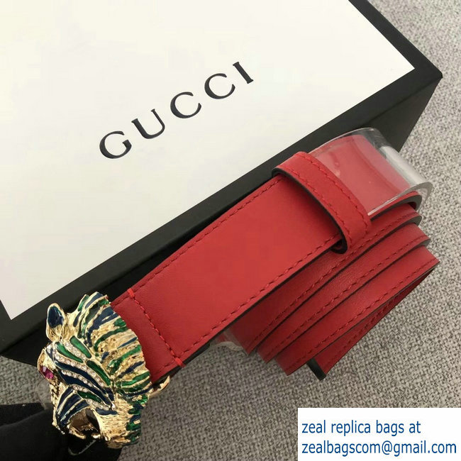 Gucci Width 3cm Leather Belt Red with Tiger Head 2018