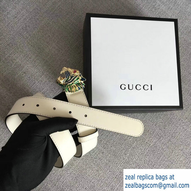 Gucci Width 3cm Leather Belt White with Tiger Head 2018