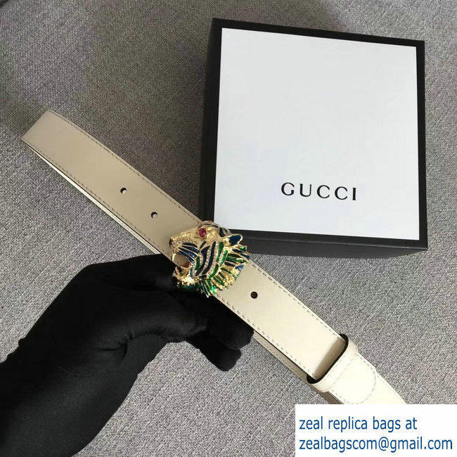 Gucci Width 3cm Leather Belt White with Tiger Head 2018