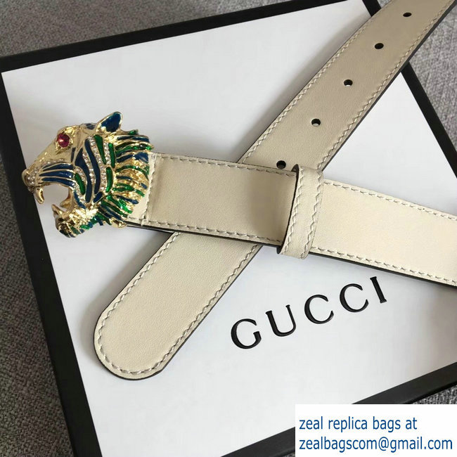 Gucci Width 3cm Leather Belt White with Tiger Head 2018