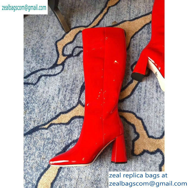 Prada Heel 8.5cm Glossy Patent Leather Square Toe Boots Red 2019 - Click Image to Close
