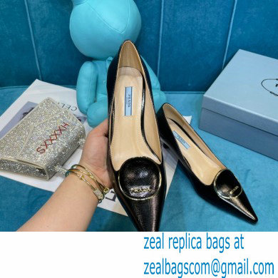 Prada Heel 5.5cm Round Metal Leather Pumps Black 2021