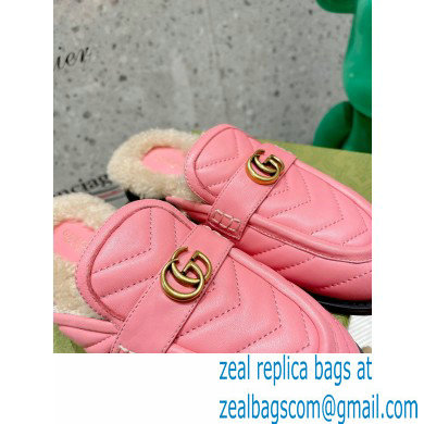 Gucci Shearling Merino Lining Chevron Leather Slippers with Double G 670400 Pink 2021