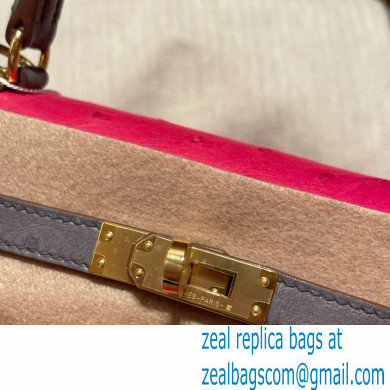 Hermes kelly 25 bag in ostrich leather rose tyrien/gris agate handmade