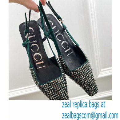 Gucci Heel 4cm Crystals Slingback Pumps Green 2022