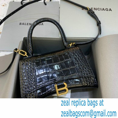 BALENCIAGA Hourglass Small Handbag in black shiny crocodile embossed calfskin with gold hardware 2022