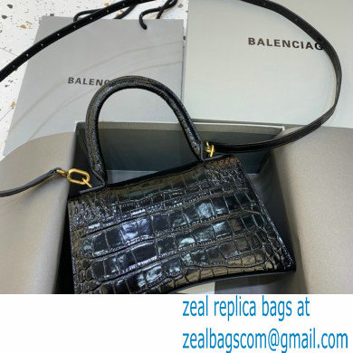 BALENCIAGA Hourglass Small Handbag in black shiny crocodile embossed calfskin with gold hardware 2022