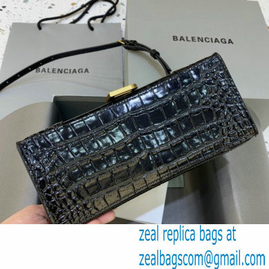 BALENCIAGA Hourglass Small Handbag in black shiny crocodile embossed calfskin with gold hardware 2022