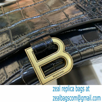 BALENCIAGA Hourglass Small Handbag in black shiny crocodile embossed calfskin with gold hardware 2022