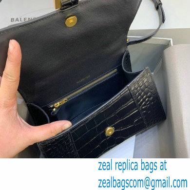 BALENCIAGA Hourglass Small Handbag in black shiny crocodile embossed calfskin with gold hardware 2022