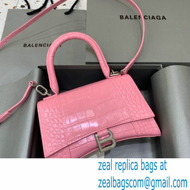 BALENCIAGA Hourglass Small Handbag in rose pink shiny crocodile embossed calfskin 2022