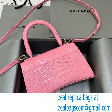 BALENCIAGA Hourglass Small Handbag in rose pink shiny crocodile embossed calfskin 2022