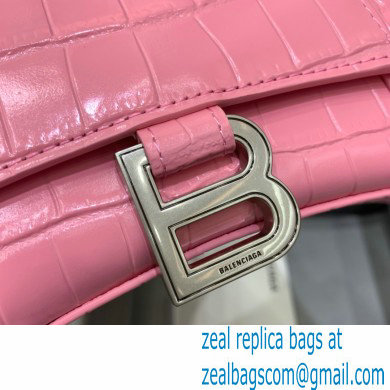 BALENCIAGA Hourglass Small Handbag in rose pink shiny crocodile embossed calfskin 2022