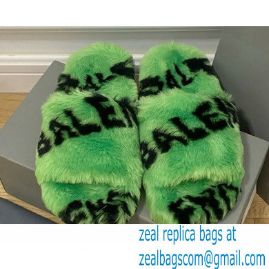 Balenciaga Allover Logo Furry Slide Sandals Green 2022