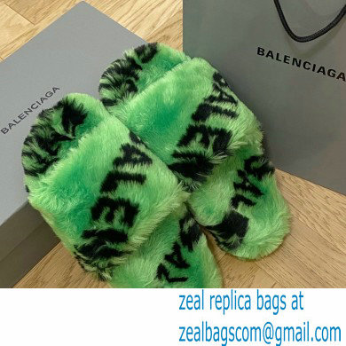 Balenciaga Allover Logo Furry Slide Sandals Green 2022