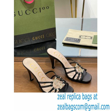 Gucci Heel 9cm Slide Sandals Black with crystals Interlocking G 2023 - Click Image to Close