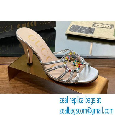 Gucci Heel 9cm Slide Sandals Silver with crystals Interlocking G 2023 - Click Image to Close