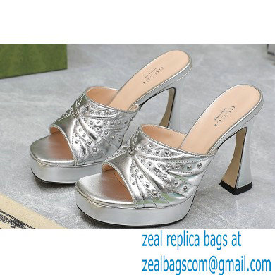 Gucci Heel 11cm Platform 2.5cm Studs slide sandals 723404 Metallic Silver 2023 - Click Image to Close